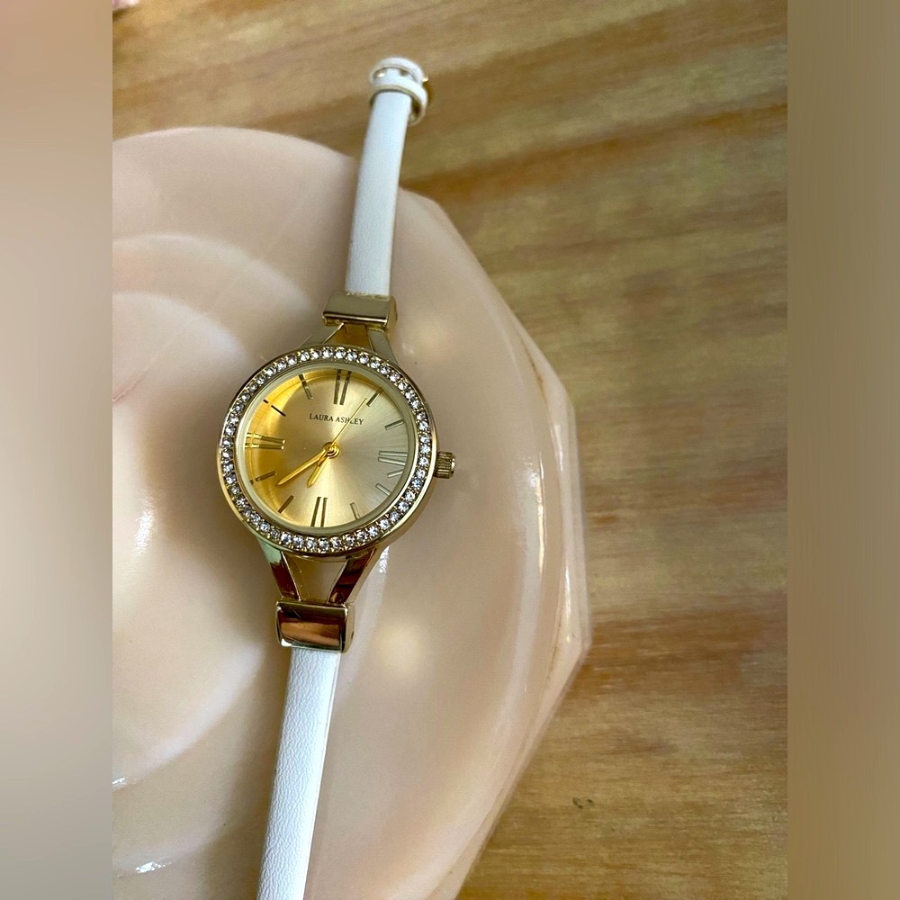 Laura Ashley Watch Analogue Womens Minimal White Thin Strap Crystal Bezel Roman